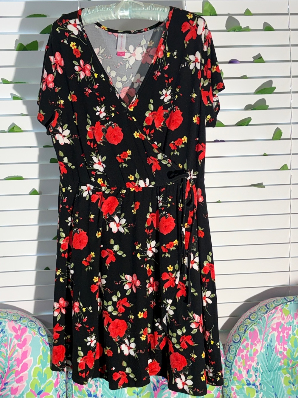 No Boundaries Black Floral Wrap-look Dress with Red Flowers